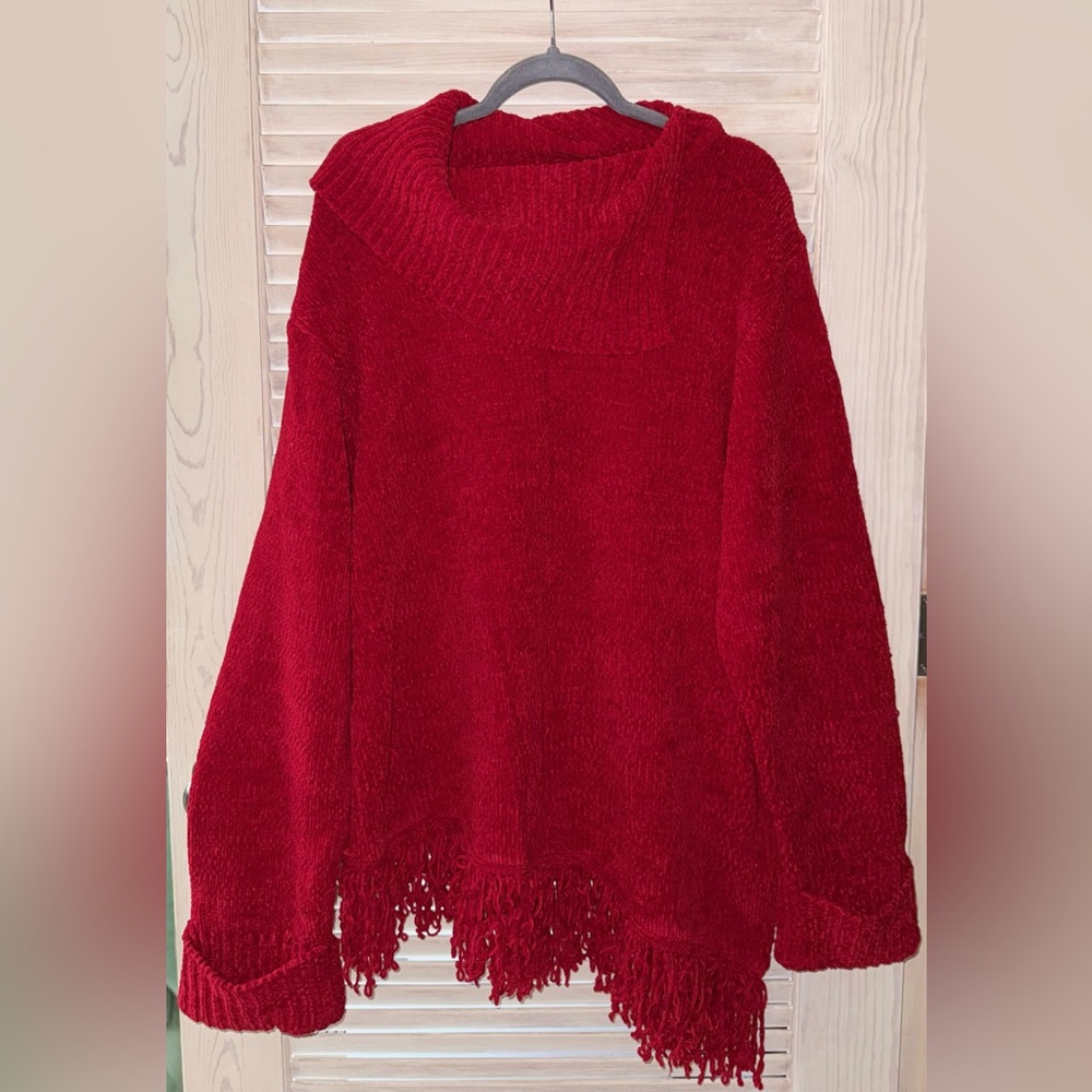 Women’s Red Cowl Neck Fringe Hem Sweater